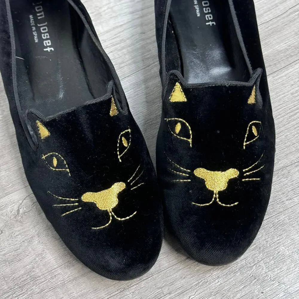 Jon Josef Velvet Gold embroidered Cat loafers Black Made in Spain Womens 9 1/2